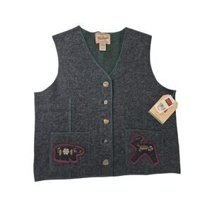 NWT Woolrich 100% Lambs Wool Charcoal Vest Bear & Deer Applique Women Sz M